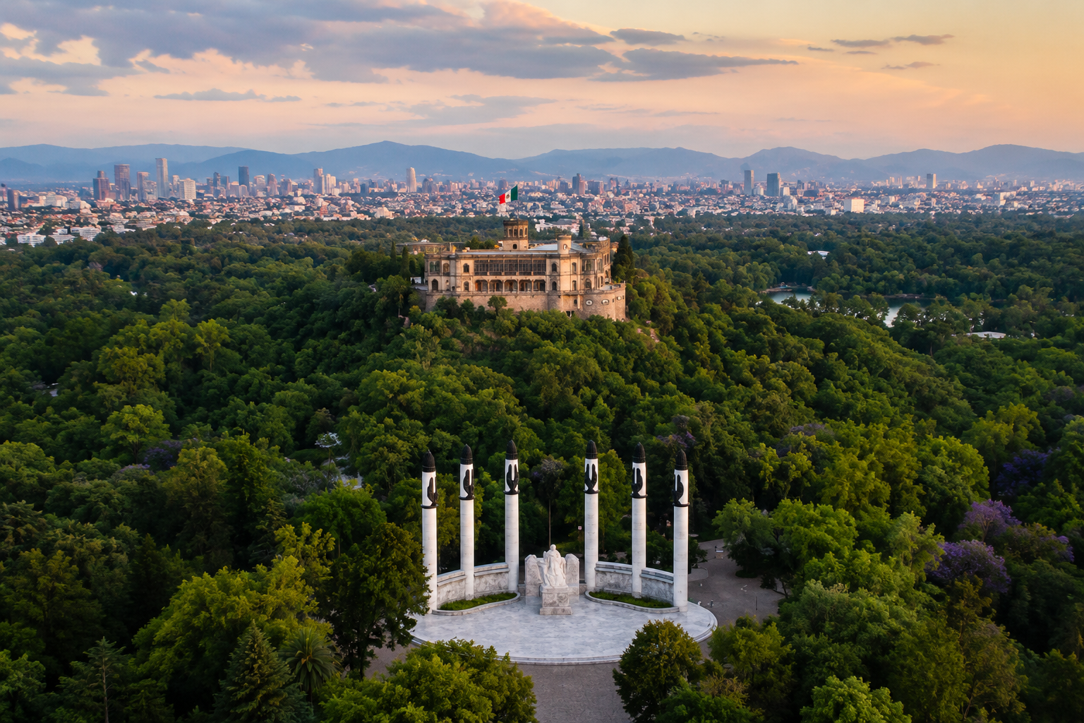 Editorial illustration of Chapultepec park with a hilltop building and the Mexico City skyline